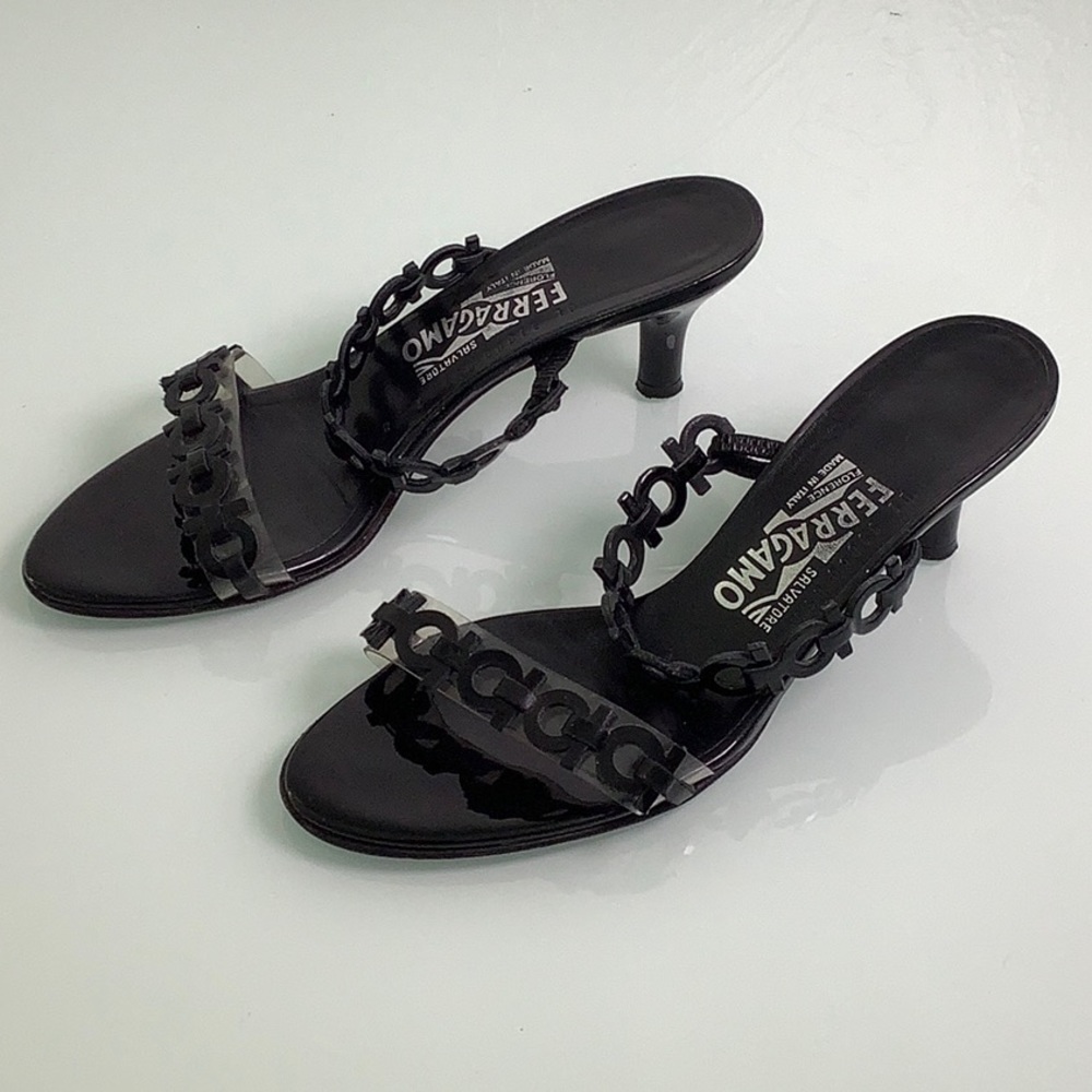 Salvatore Ferragamo kitten heel Leather Patent vinyl strappy sandals SZ 7 B EUC - Picture 5 of 16